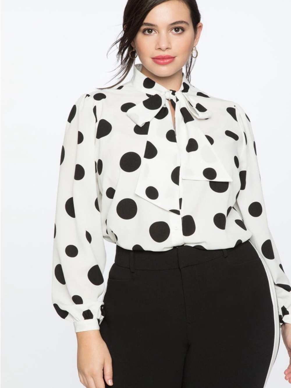 ELOQUII Polka Dot Tie-Neck Blouse White/Black